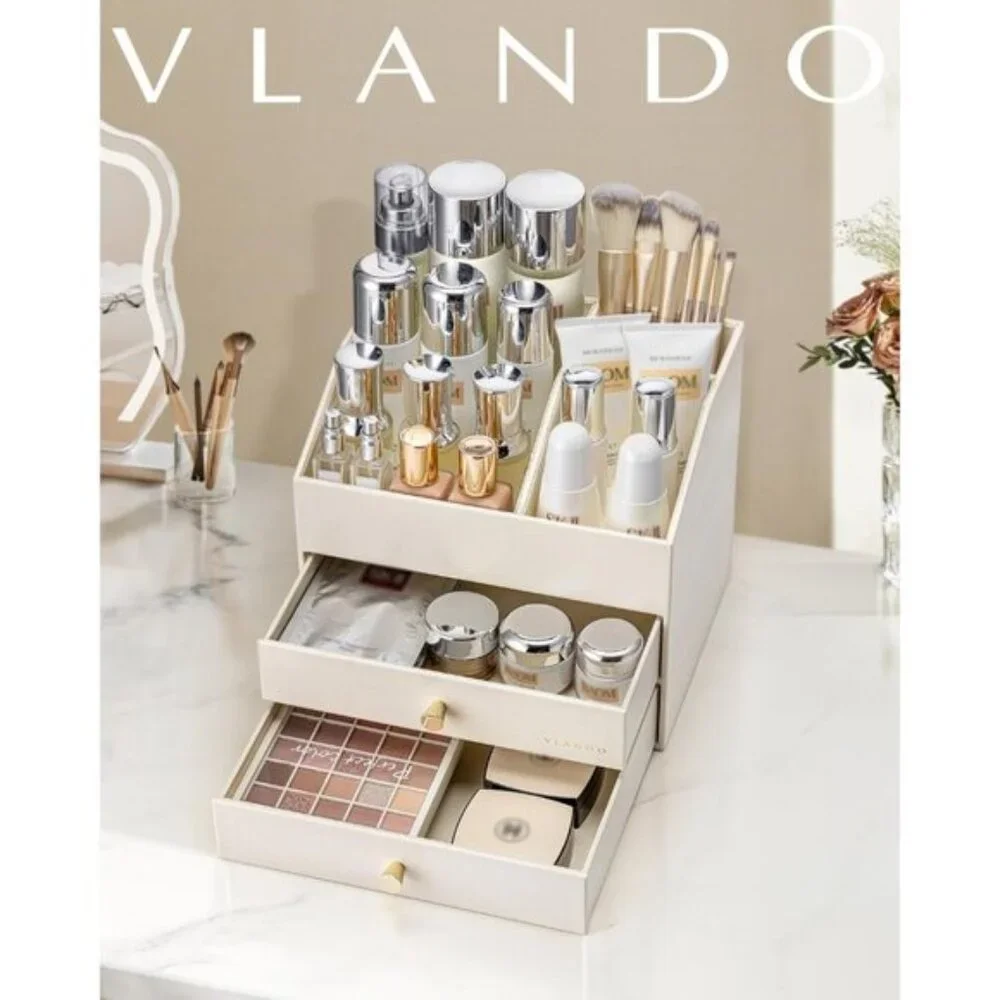 New Beige PU Leather Makeup Organizer with Drawers for Vanity & Skincare Storage